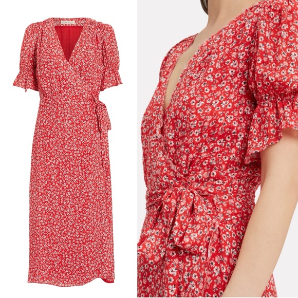 STEVIE MAY Claret Midi Wrap Floral Dress Size Large in Red - Picture 3 of 10